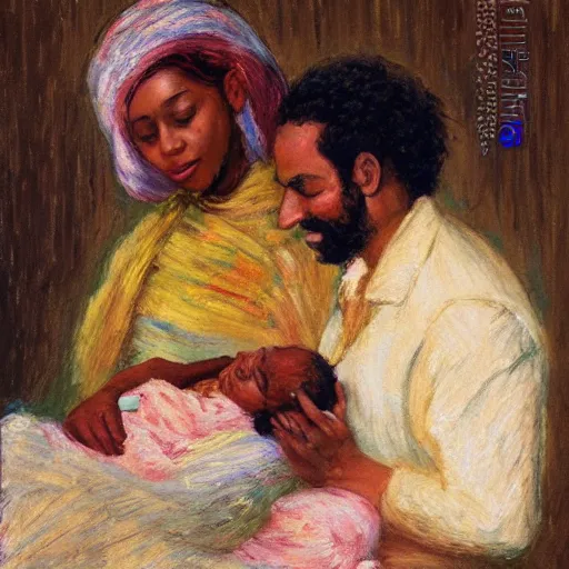 Image similar to a pregnant east african woman with an egyptian man with curly hair in a delivery room, holding newborn baby, very happy, warm colors, vintage, impressionist painting, fine art, oil painting, dreamy, pastel, intricate details, sharp, peaceful, serene