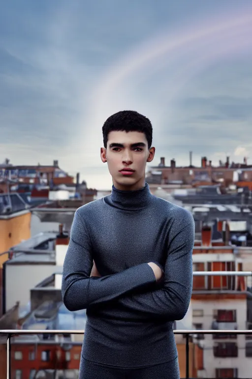 Image similar to un ultra high definition studio quality photographic art portrait of a young man standing on the rooftop of a british apartment building wearing soft padded silver pearlescent clothing. three point light. extremely detailed. golden ratio, ray tracing, volumetric light, shallow depth of field. set dressed.