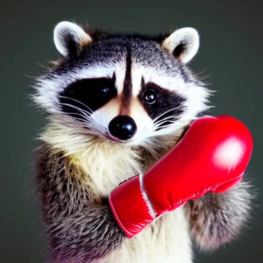 Image similar to cute kawaii raccoon wearing red boxing gloves, radiant light