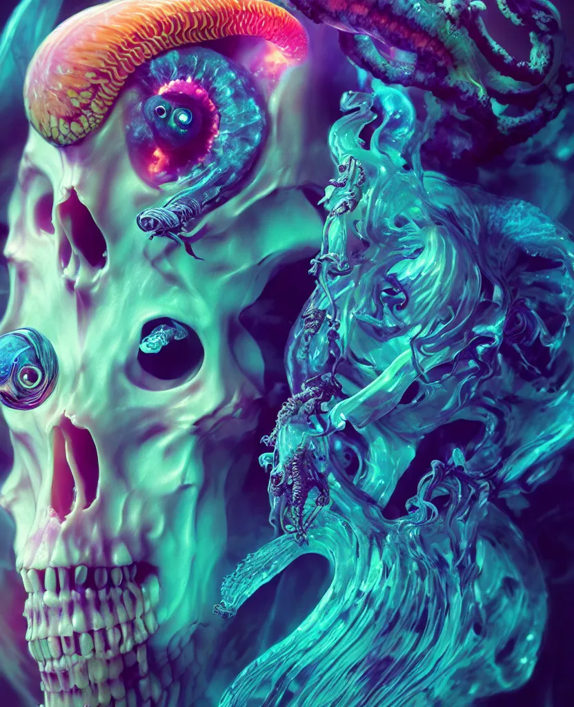 Image similar to goddess close - up portrait human skull, ram skull, squid phoenix jellyfish, orchid, betta fish, bioluminiscent, intricate artwork by tooth wu and wlop and beeple. octane render, trending on artstation, greg rutkowski very coherent symmetrical artwork. cinematic, hyper realism, high detail, octane render, 8 k