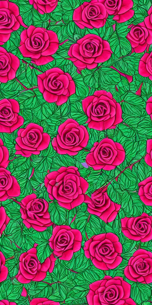 Prompt: seamless pattern of beautiful roses with leaves and throns, colourful, symmetrical, repeating 35mm photography