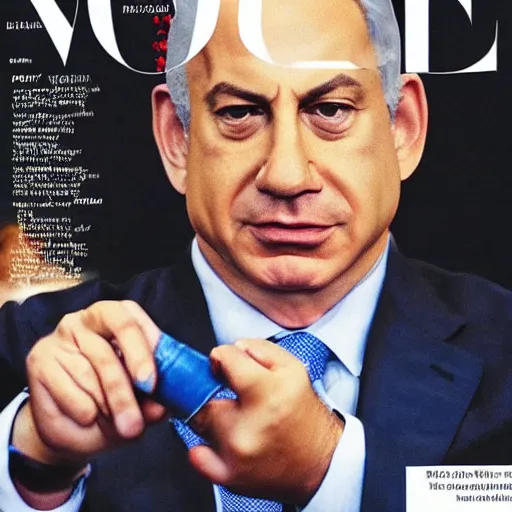 Prompt: a realistic portrait of benjamin Netanyahu holding a rocket missle in Vogue magazine, detailed face, highly detailed