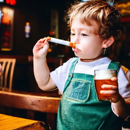Prompt: toddler smoking a cigarette and drinking his favorite pint in a pub after a hard day of toddling
