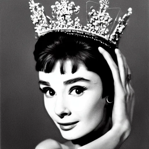 Image similar to portrait of audrey hepburn as a crowned queen, ultra realistic, canon 3 5 mm photography