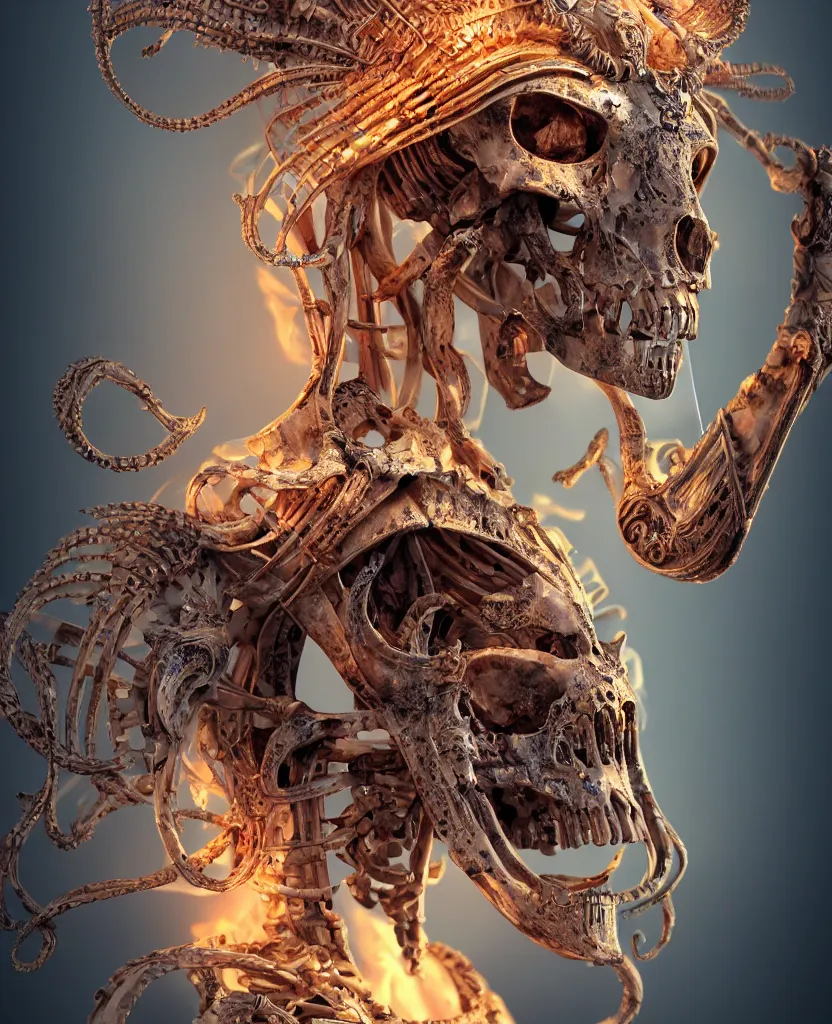 Image similar to close-up macro portrait of the face of a beautiful princess with ram animal skull mask, epic angle and pose, ribcage skeleton symmetrical artwork, 3d with depth of field, blurred background, cybernetic jellyfish female face phoenix bird, translucent, nautilus, energy flows of water and fire. a highly detailed epic cinematic concept art CG render. made in Maya, Blender and Photoshop, octane render, excellent composition, cinematic dystopian brutalist atmosphere, dynamic dramatic cinematic lighting, aesthetic, very inspirational, arthouse. y Greg Rutkowski, Ilya Kuvshinov, WLOP, Stanley Artgerm Lau, Ruan Jia and Fenghua Zhong