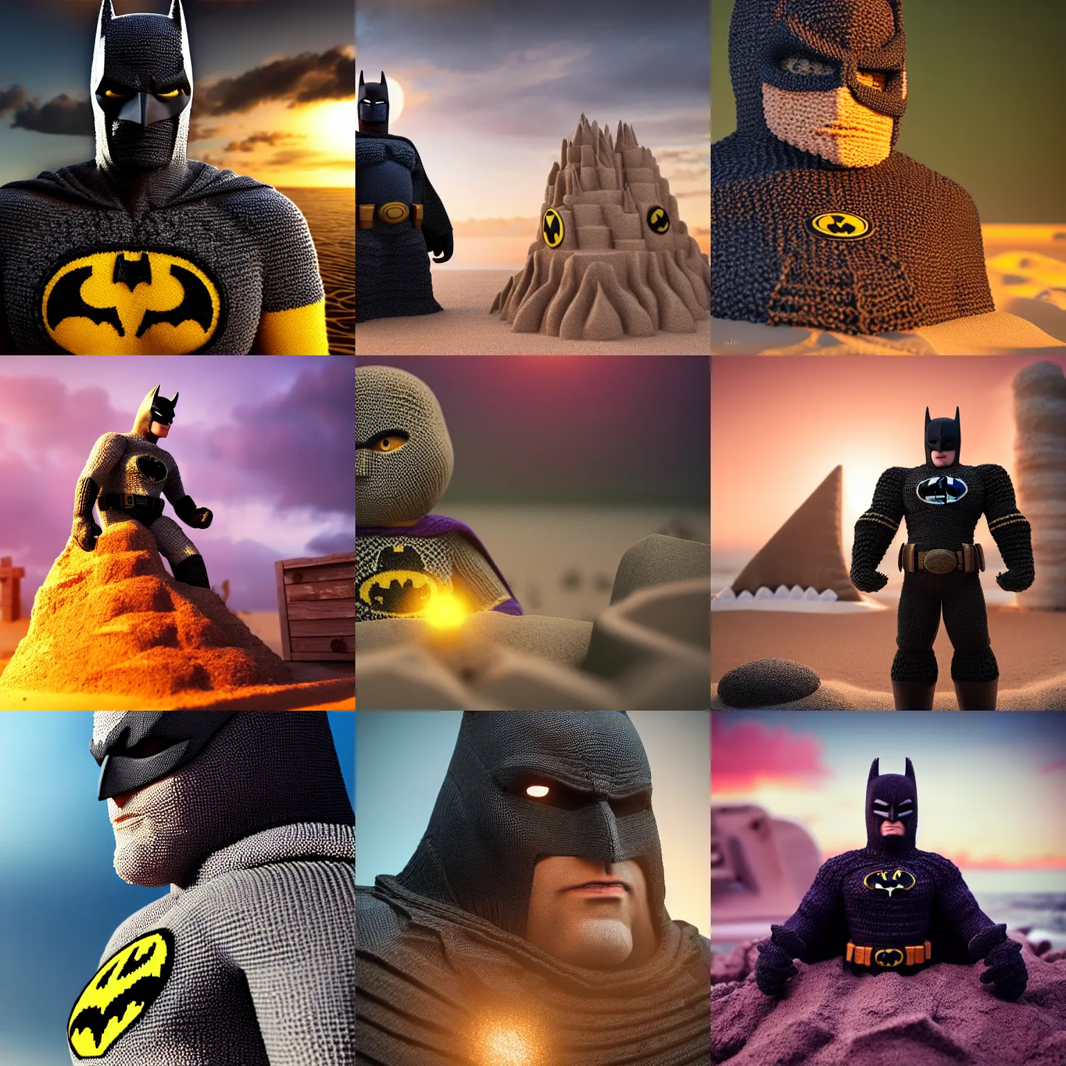 Prompt: a closeup photorealistic image of a large knitted batman guarding his batcave sandcastle during sunset at the beach Trending on artstation, featured on Behance, well-rendered, Unreal Engine, 4K HD