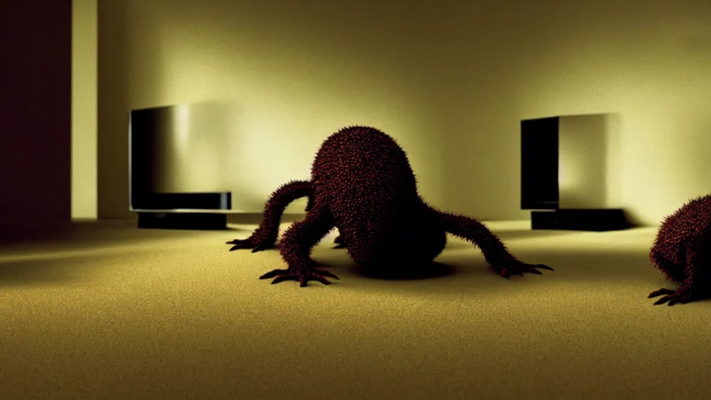 Prompt: a strange creature crawls out of a TV set into the living room, film still from the movie directed by Denis Villeneuve with art direction by Zdzisław Beksiński, wide lens