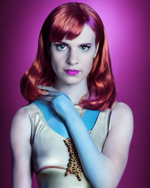 Image similar to dramatically - lit closeup portrait photograph of daphne from the scooby - doo live - action film ( 2 0 0 2 ), sharp details, vignette, high saturation, smooth textured skin, subsurface scattering, purple outfit, photograph by mark mann and martin schoeller and annie leibovitz, 4 k, soft focus, centered, symmetrical