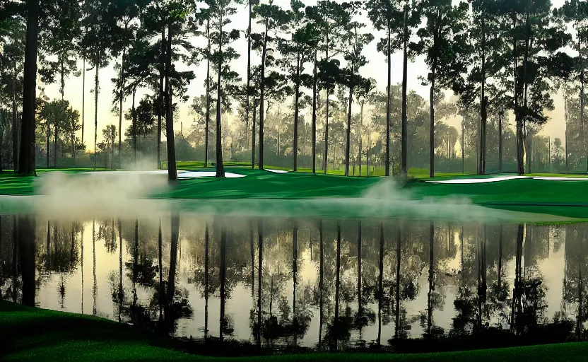 Image similar to augusta national, the masters, many beautiful flowers and magnlia trees, completely flooded with brown water, beautiful ambient light, fog,