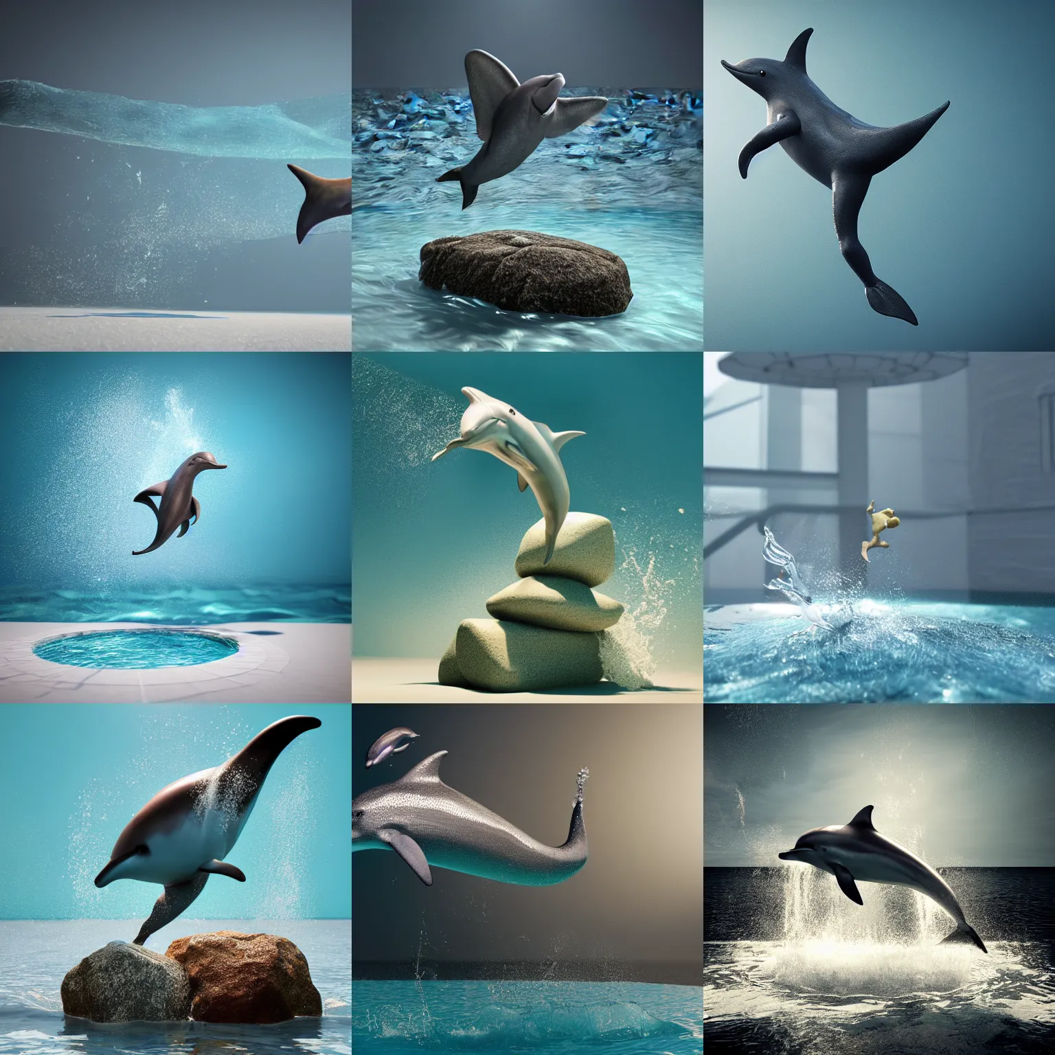 Prompt: 3D render, houdini 3D, octane 3D, Dolphin jumping out of the water
