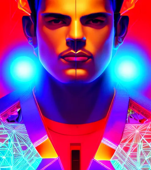 Image similar to symmetry!! latino prince of technology, solid cube of light, hard edges, product render retro - futuristic poster scifi, lasers and neon circuits, handsome latino prince, intricate, elegant, highly detailed, digital painting, artstation, concept art, smooth, sharp focus, illustration, dreamlike, art by artgerm