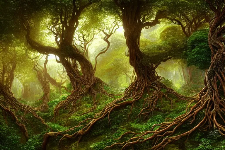 Image similar to a beautiful and highly detailed digital painting of an elven tree with celtic roots in a lush forest in the mystical mountains of nargothrond, psychedelic patterns, intricate details, epic scale, 8 k, sharp focus, photorealism, artstation, cgsociety, by caspar friedrich, albert bierstadt, james gurney, brian froud,