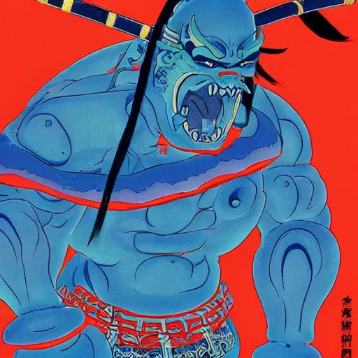 Prompt: a painting of a samurai but a blue oni demon 鬼 👹, poster art by otomo katsuhiro, cgsociety, nuclear art, reimagined by industrial light and magic, official art, poster art