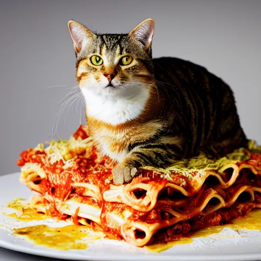 Image similar to tabby cat standing in lasagna, messy, photo, detailed, 4k