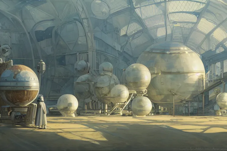 Prompt: a beautiful science fiction factory with spherical design by starwars and army in the french countryside during spring season, highly detailed painting by studio ghibli hd and louis remy mignot hd and leyendecker hd, nice afternoon lighting, smooth tiny details, soft and clear shadows, low contrast, perfect