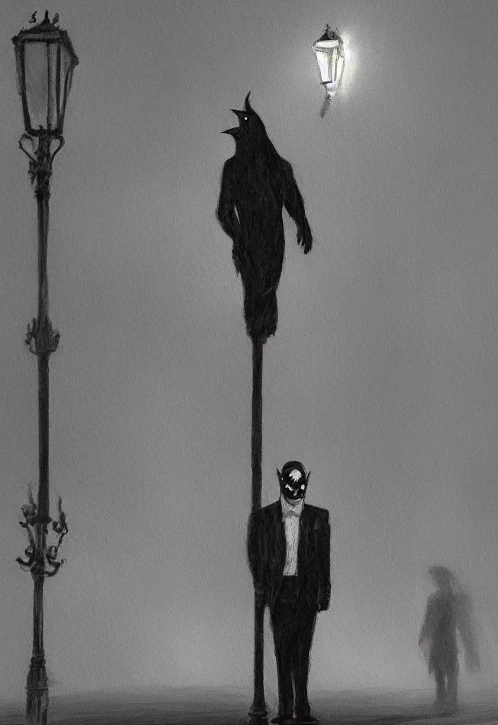 Prompt: a beautiful painting of a man wearing a suit and a raven mask standing in the middle of a street illuminated by a lone street lamp, by mark brooks cinematic lighting, detailed drawing, portrait
