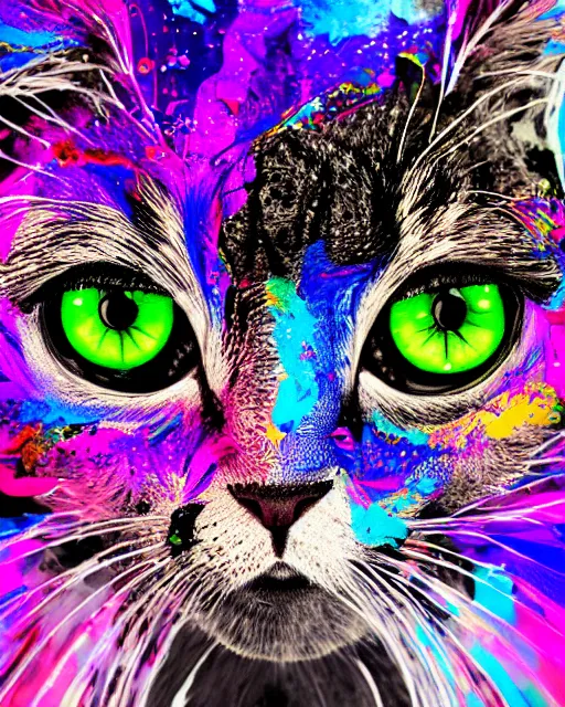 Prompt: psychedelic paint splatter portrait of funny giant cute eyes kitten, intricate abstract. intricate artwork, by tooth wu, wlop, beeple, dan mumford. concept art, octane render, trending on artstation, greg rutkowski very coherent symmetrical artwork. cinematic, key art, hyper realism, high detail, octane render, 8 k, iridescent accents