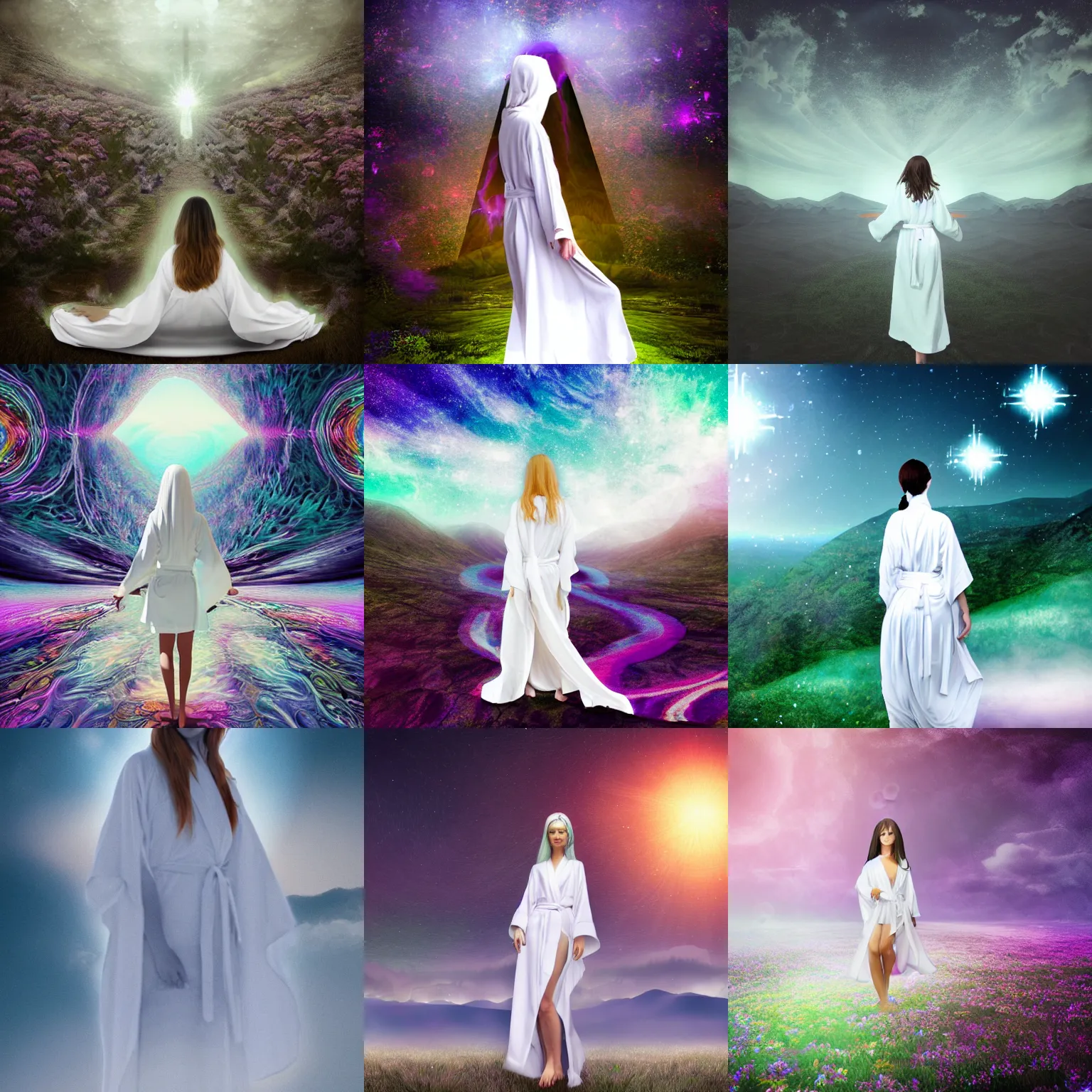 Prompt: psychedelic landscape ethereal girl in white robe, cg society