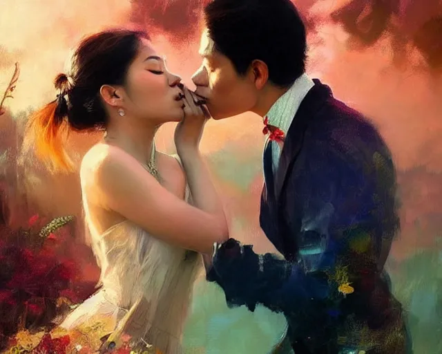 Prompt: photography of south east asian couples kissing each other, deep focus, d & d, volumetric light, colourful, sharp, detailed, digital painting by rolf armstrong, jeremy lipkin and michael garmash, rob rey and kentaro miura style, pinterest behance top picks