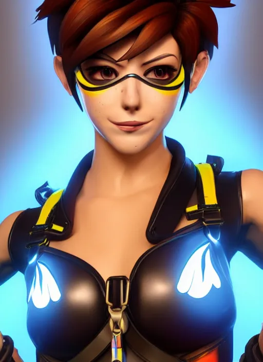 Prompt: portrait bust digital artwork of tracer overwatch, wearing iridescent rainbow latex and leather straps catsuit outfit, 4 k, expressive happy face, makeup, in style of mark arian, angel wings, wearing detailed leather collar, chains, black leather harness, detailed face and eyes,