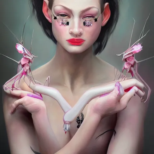 Image similar to a portrait of an intensely lit orchid mantis woman full of piercings, modeling, white and pink, oil painting, pale colors, high detail, 8 k, wide angle, trending on artstation,