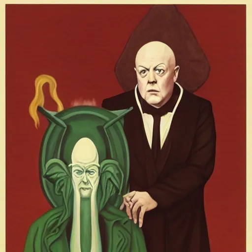 Prompt: Aleister Crowley with baphomet, by Raphael Hopper, and Rene Magritte. Highly detailed, Occult funny, humorous, funny, enchanting, magical, trending on artstationHQ