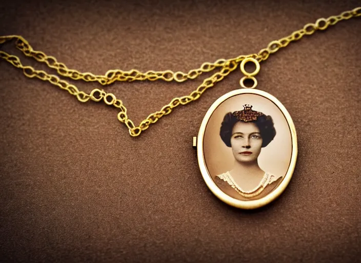 Image similar to sepia photo of a golden necklace with a hanging tiny open oval rusty golden locket pendant with a retro photo of an elegant and aesthetic woman royalty portrait, on a forest background with bokeh. Retro. Antique. High quality 8k. Intricate. Graflex camera 35mm. Award winning