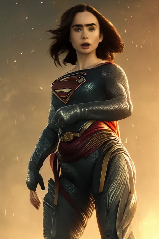 Image similar to a fancy close up of Lily Collins as Man of Steel full body armor by Greg Rutkowski, Sung Choi, Mitchell Mohrhauser, Maciej Kuciara, Johnson Ting, Maxim Verehin, Peter Konig, 8k photorealistic, cinematic lighting, HD, high details, dramatic, trending on artstation, full body shot