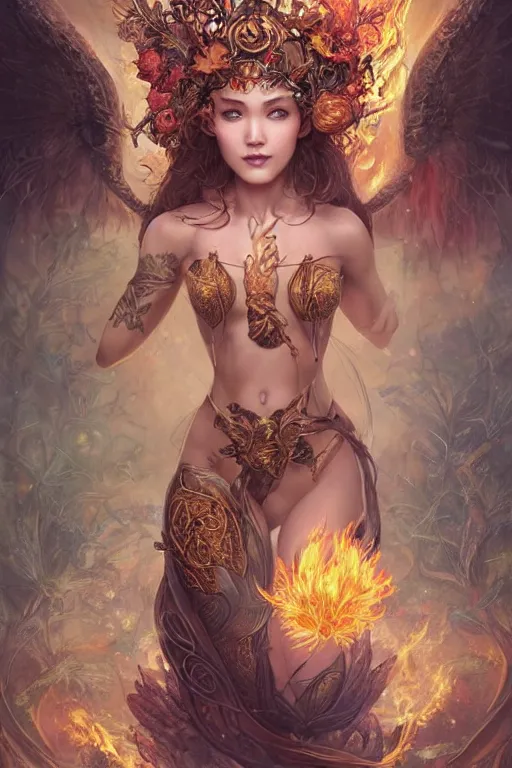 Prompt: beautiful girl sorcerer covered with fire and golden dragon skin, cute fairy girl with crown of flowers in plants bikini covered with celtic rune tattoos, casting magic spell, angel, fantasy, magic the gathering, hyper detailed, 3 d render, hyper realistic detailed portrait, peter mohrbacher, wlop, ruan jia, luis royo