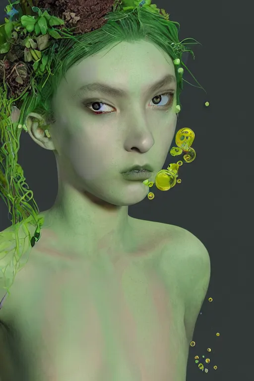 Image similar to nonbinary model, subject made of cracked clay, vine headdress, moss patches, 2 0 mm, with pastel yellow and green bubbles bursting out, melting into bulbasaur, delicate, beautiful, intricate, houdini sidefx, by jeremy mann and ilya kuvshinov, jamie hewlett and ayami kojima, bold 3 d