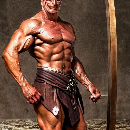 Prompt: enrico letta warlord wearing bronze age clothing, bodybuilder, anatomical, symmetrical, zoom out, high quality, high definition, 8 k, photograph photorealistic by frank frazetta