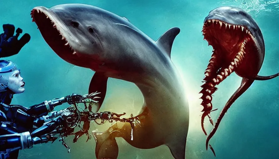 Prompt: big budget horror movie about a carnivorous giant cyborg earthworm attacking a robot dolphin