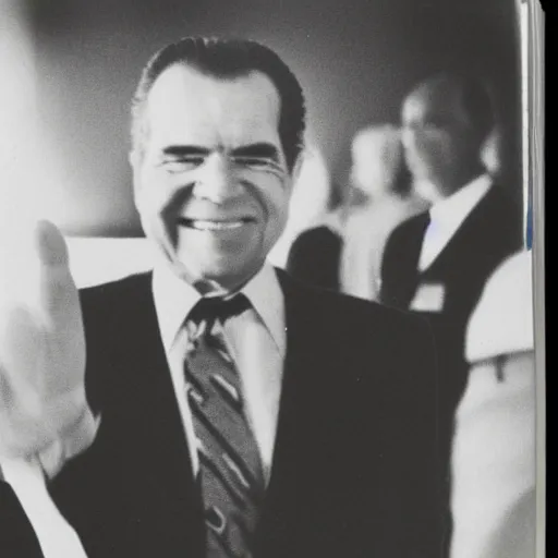 Prompt: a polaroid photograph of Richard Nixon shaking hands with a Grey alien