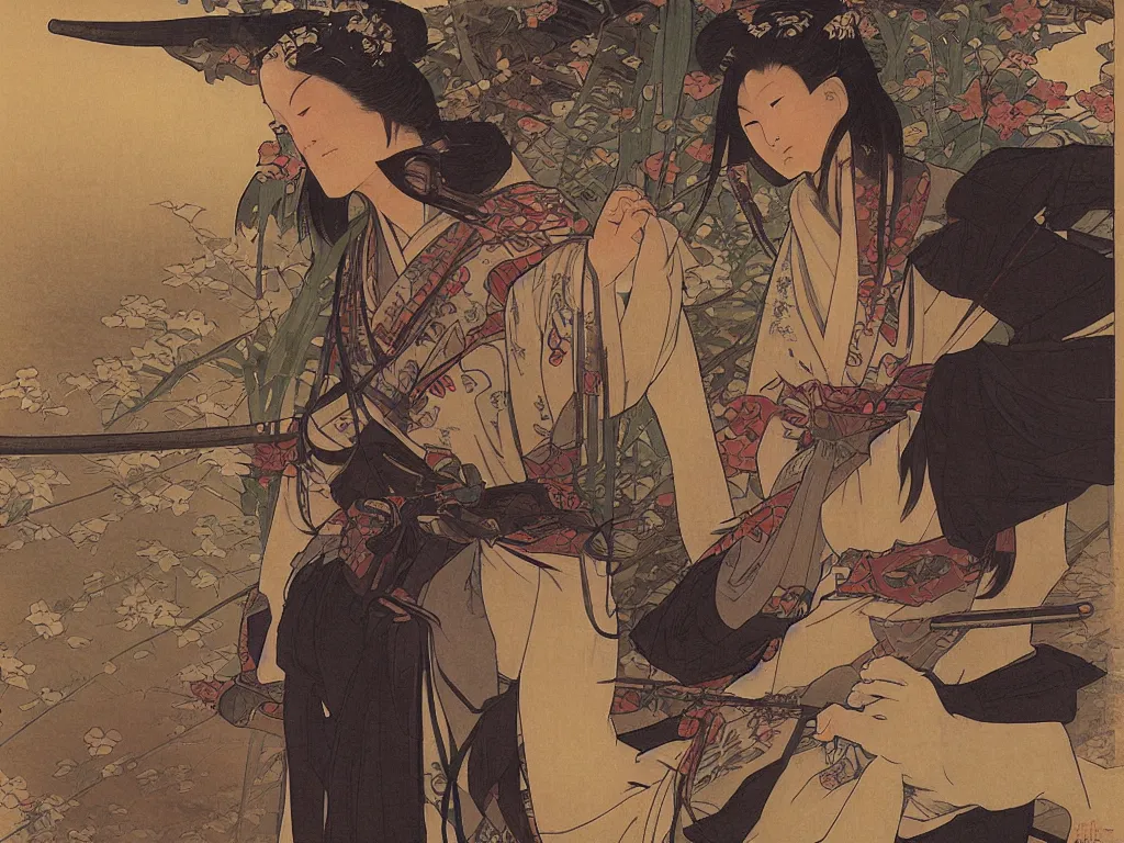 Image similar to a ronin in a japanese village during edo period, dusk, by fiona staples, range murata, alphonse mucha