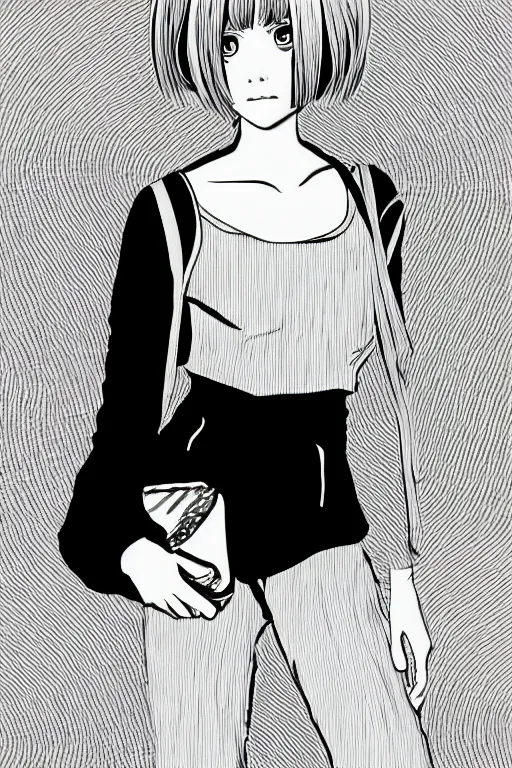 Image similar to portrait of a girl in long pants and a top, hands in pockets, eyes closed, bob haircut, digital art, black and white, lineart by junji ito