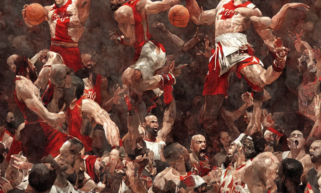 Image similar to a detailed digital painting rendition of kratos as lebron james throwing basketballs, art by norman rockwell