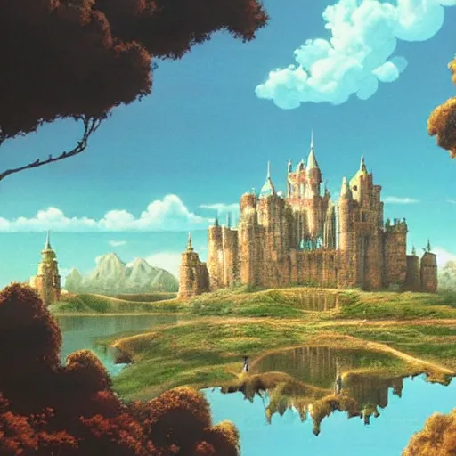 Prompt: A beautiful detailed landscape matte painting of Castle in the Sky, by Hayao Miyazaki