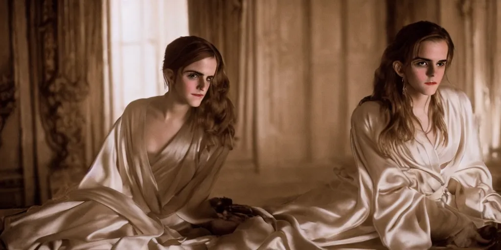 Image similar to portrait closeup Emma Watson long hair flowing silk robes baroque room candles mirrors cinematic lighting stanley kubrick barry lyndon 4k canon 5d mk4