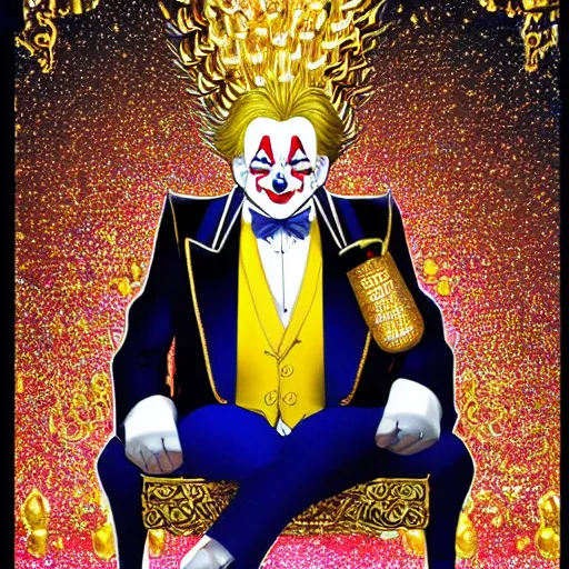 Prompt: manga of a shining majestic throne made of millions of diamonds, gold and zaphires with thousands of light reflections, and a clown on a tuxedo suit is sitting on the throne while handing a golden balloon, dramatic light