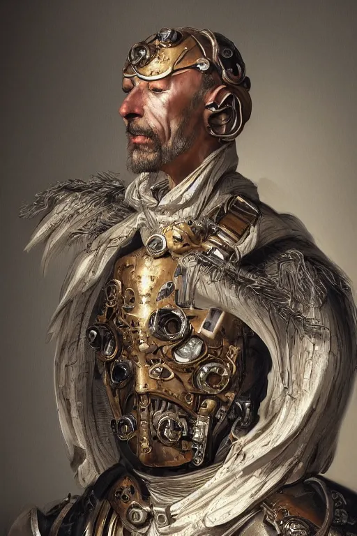 Image similar to portrait, headshot, digital painting, of a succesful 17th century cyborg merchant, baroque, ornate clothing, realistic, hyperdetailed, chiaroscuro, concept art, art by Franz Hals