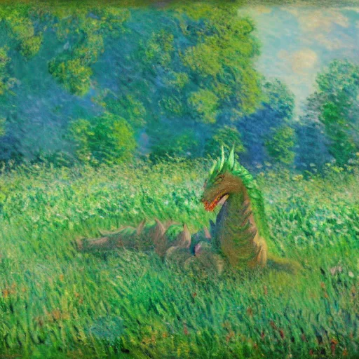 Prompt: A large green dragon sitting in a flowery meadow by Claude Monet, deviantart, furaffinity