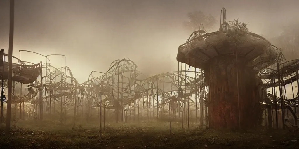 Prompt: creepy view into abandoned theme park with many attractions, fog, rain, volumetric lighting, beautiful, golden hour, sharp focus, highly detailed, cgsociety