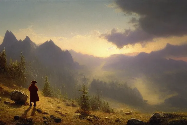 Image similar to a traveler wandering trough the mountains looking at the clouds, very detailed, oil painting, cinematic lighting, albert bierstadt, trending on artstation, colorful, canvas, sunset, hans dahl, theodor kittelsen, grey cloak, brimmed hat, old man