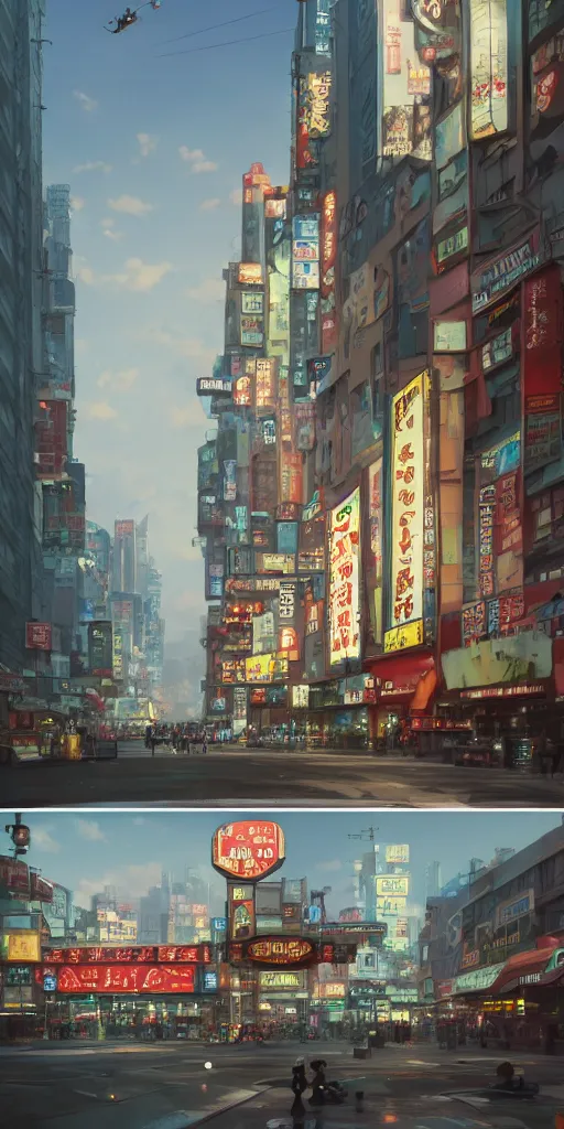 Image similar to A highly detailed matte painting of Buildings with Billboards and neonsigns by Studio Ghibli, Makoto Shinkai, by Artgerm, by WLOP, by Greg Rutkowski, volumetric lighting, octane render, 4K resolution, trending on artstation, masterpiece