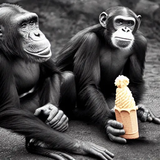 Prompt: a dslr 3 5 mm f 2 chimpanzee photograph of two chimpanzees!!! worshiping a giant ice cream cone sent by aliens that chimpanzees are worshiping, at dawn.