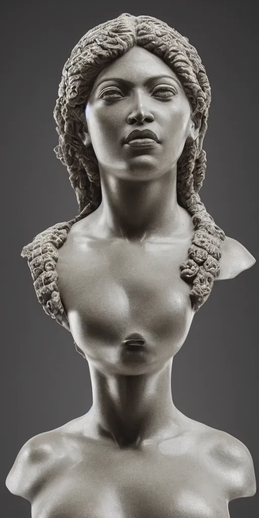 Image similar to detailed photo of ancient marble bust of beyonce, headshot, photorealism, intricate detail, museum diffuse lighting