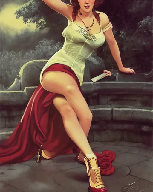 Image similar to pinup photo of hermione granger by emma watson in the crowded square of hogwarts, gil elvgren, enoch bolles, edward robert hughes, henry justice ford, glossy skin, pearlescent, very coherent, very detailed