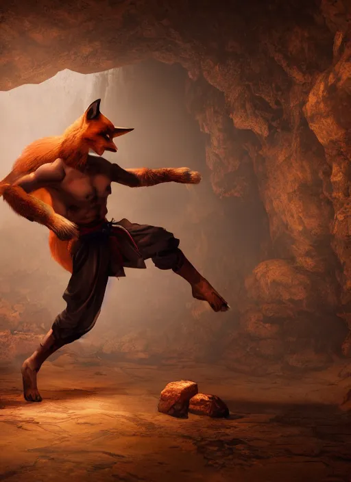Prompt: A fantasy comic book style portrait painting of a fox person training martial arts in a cavern setting, unreal 5, DAZ, hyperrealistic, octane render, RPG portrait, ambient light, dynamic lighting