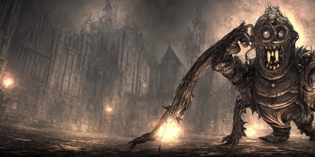 Image similar to minion as a darksouls boss, horror, hd, screenshot,