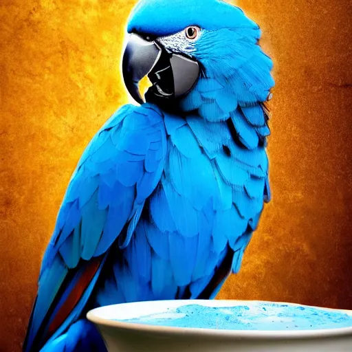 Image similar to blue parrots emerging from fluids mixing, atmospheric liquids, ornate intricate, hyper realistic, 16k, post processing, saturated blue colors, nature background